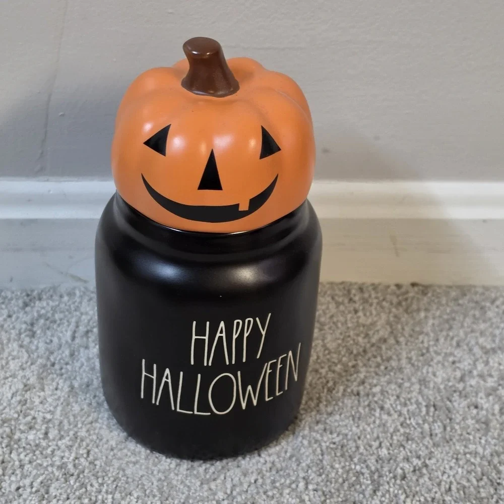 Rae Dunn Happy Halloween Jack-O-Lantern Canister Black and Orange